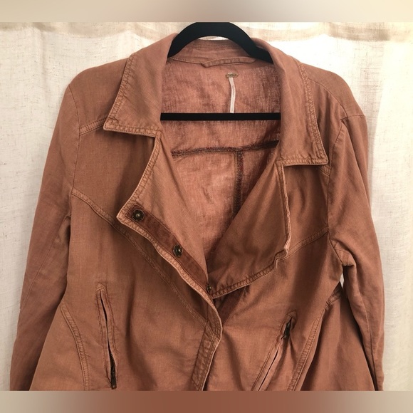 FREE PEOPLE LINEN ROSEWOOD LIGHT WEIGHT MOTO JACKET SIZE LARGE BOHO FESTIVAL - Picture 4 of 12